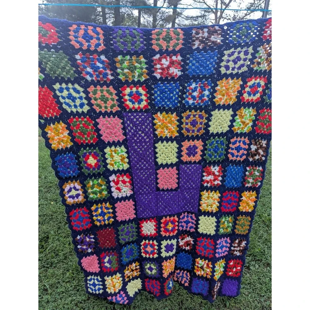 Vintage Handmade Granny Square Crochet Throw Blanket Afghan 